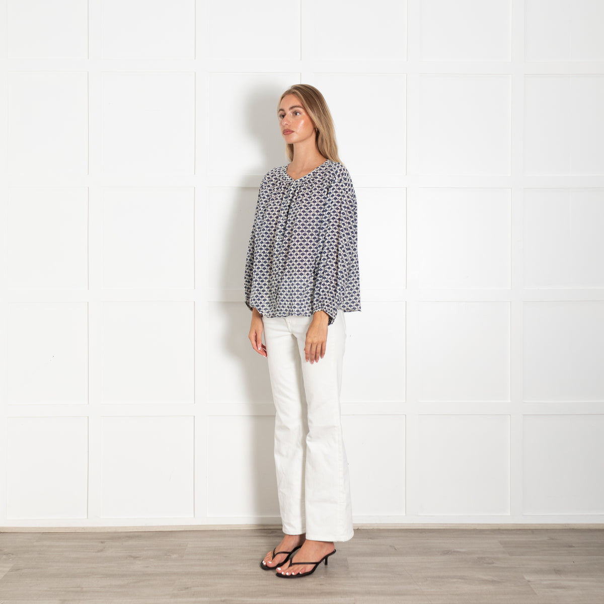 Velvet White Blue Floral Print Cotton Blouse