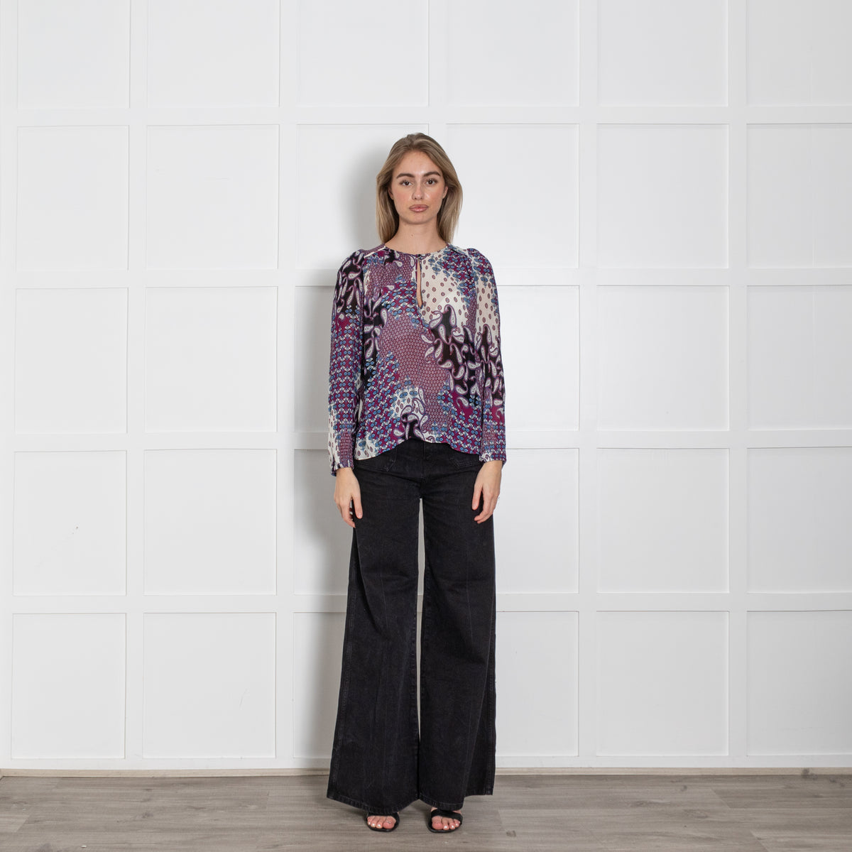 Ba&Sh Black Purple White Paisley Long Sleeve Top