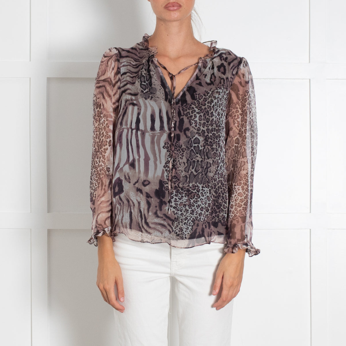 Ridley Purple Brown Animal Print Frill Trim Neckline Blouse