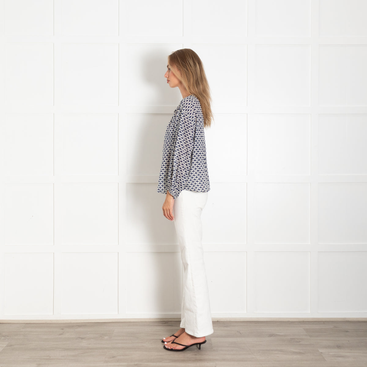 Velvet White Blue Floral Print Cotton Blouse