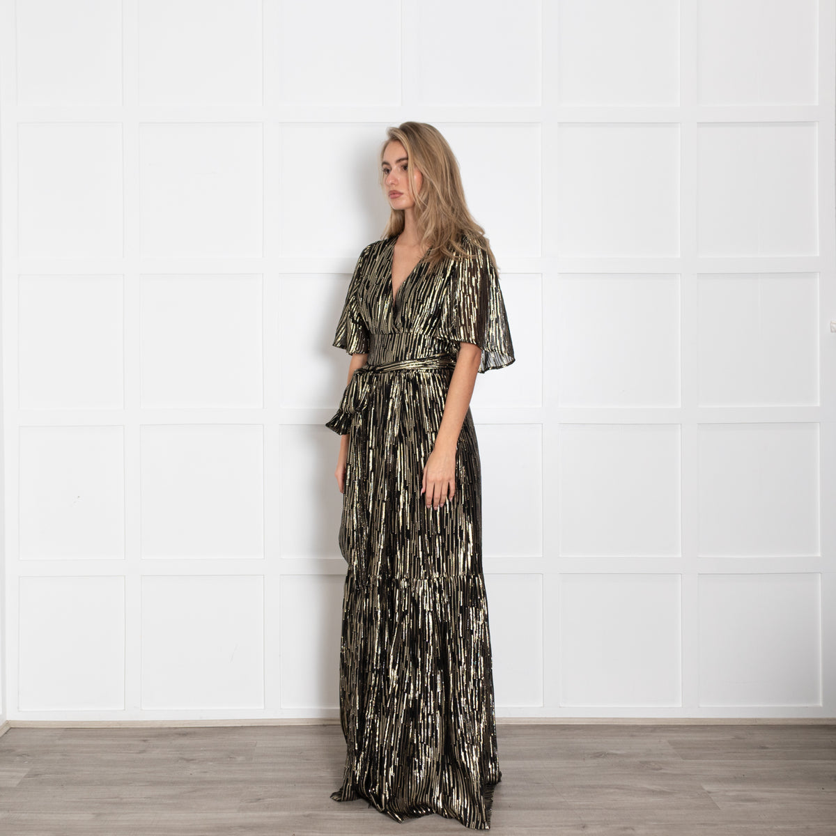 Ba&sh Black & Gold Sequin Belted Maxi Dress