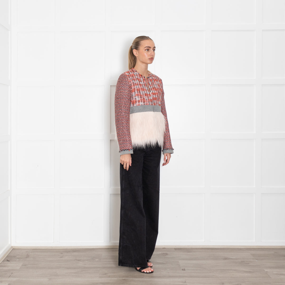 MSGM Orange Black Cream Tweedy Fux Fur Trim Jacket