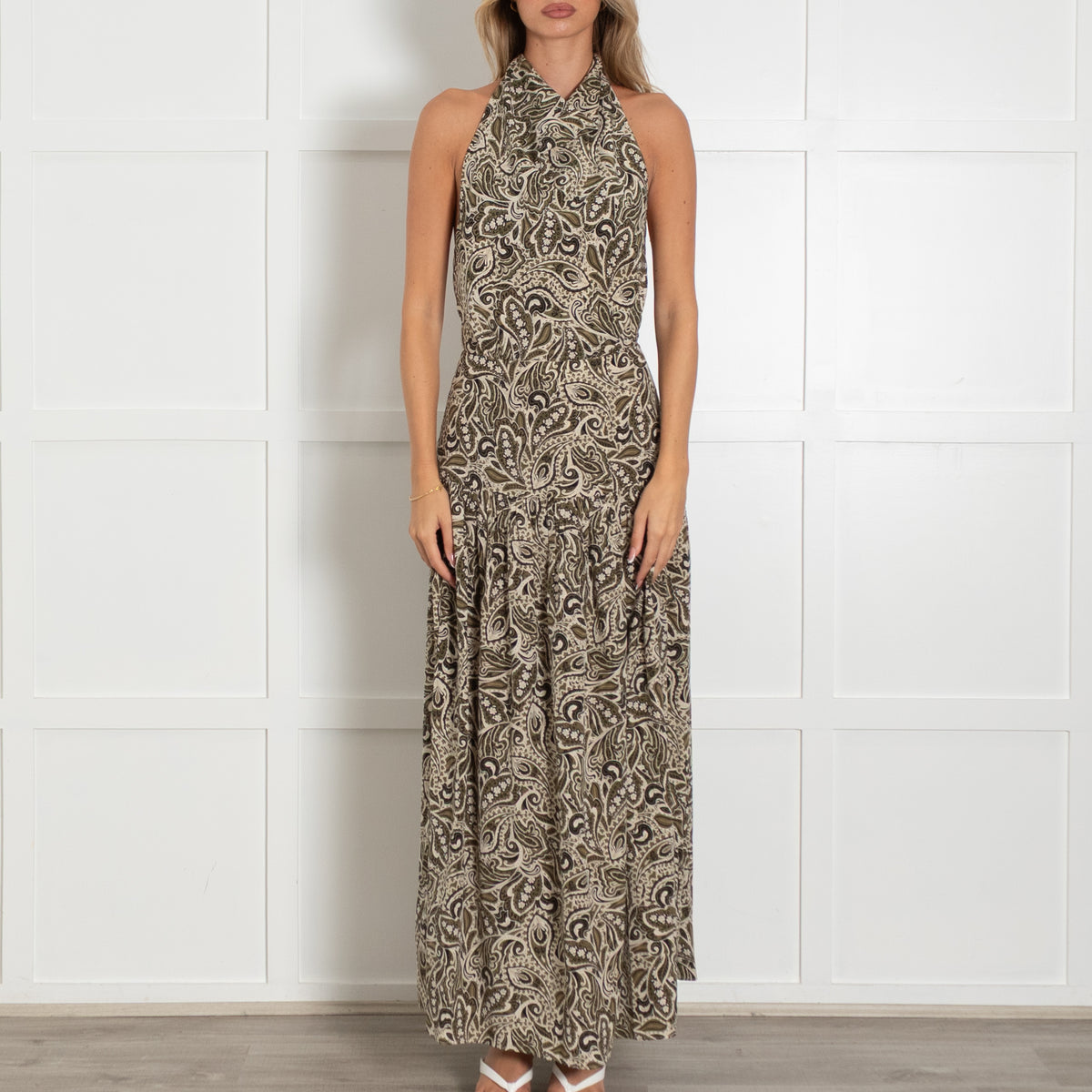 Matteau Green Paisley Print Bib Front Maxi Dress
