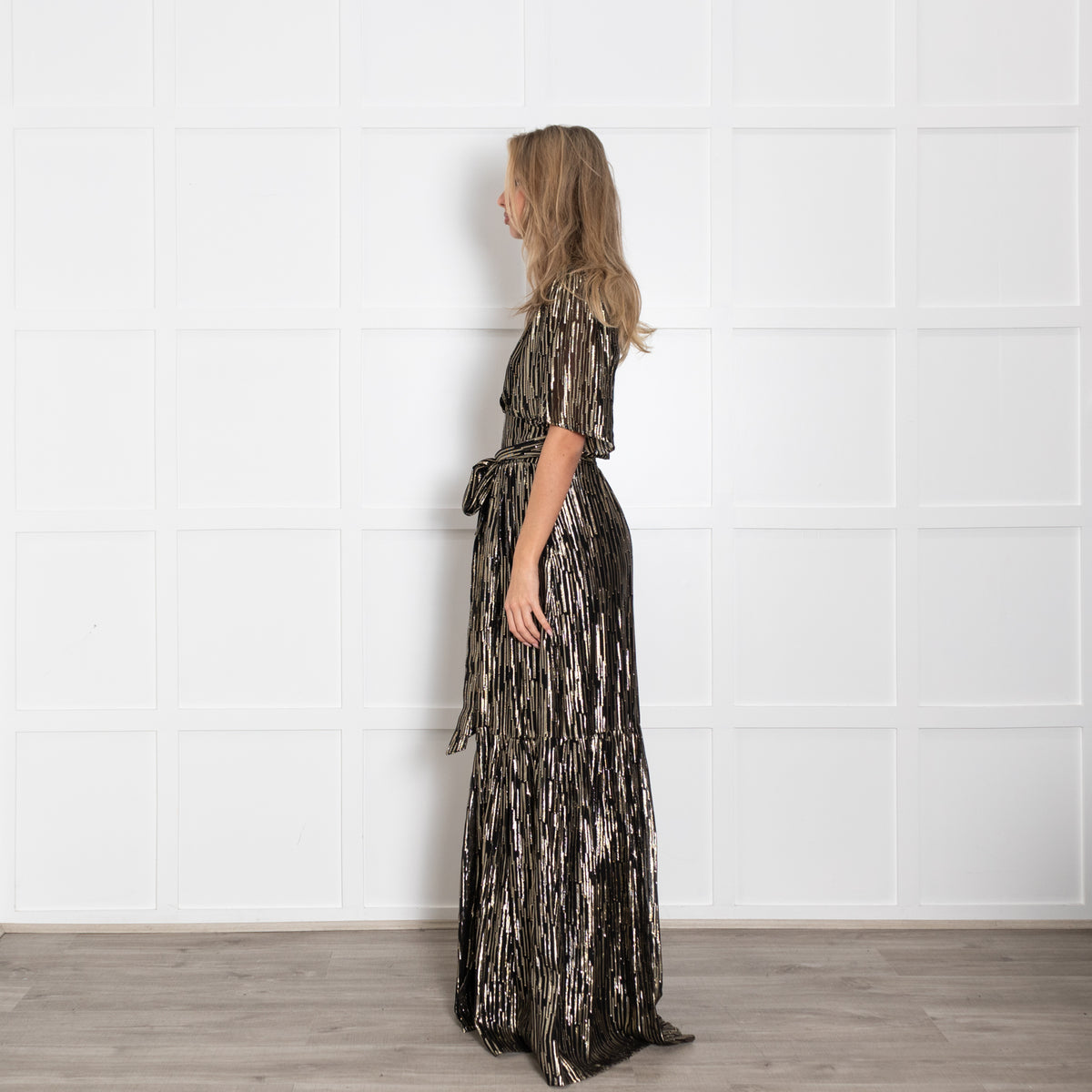 Ba&sh Black & Gold Sequin Belted Maxi Dress