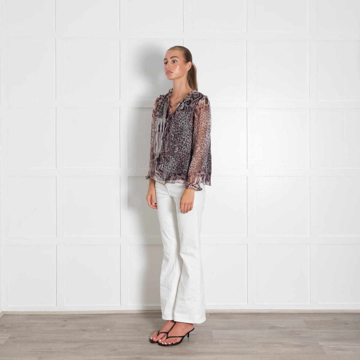 Ridley Purple Brown Animal Print Frill Trim Neckline Blouse