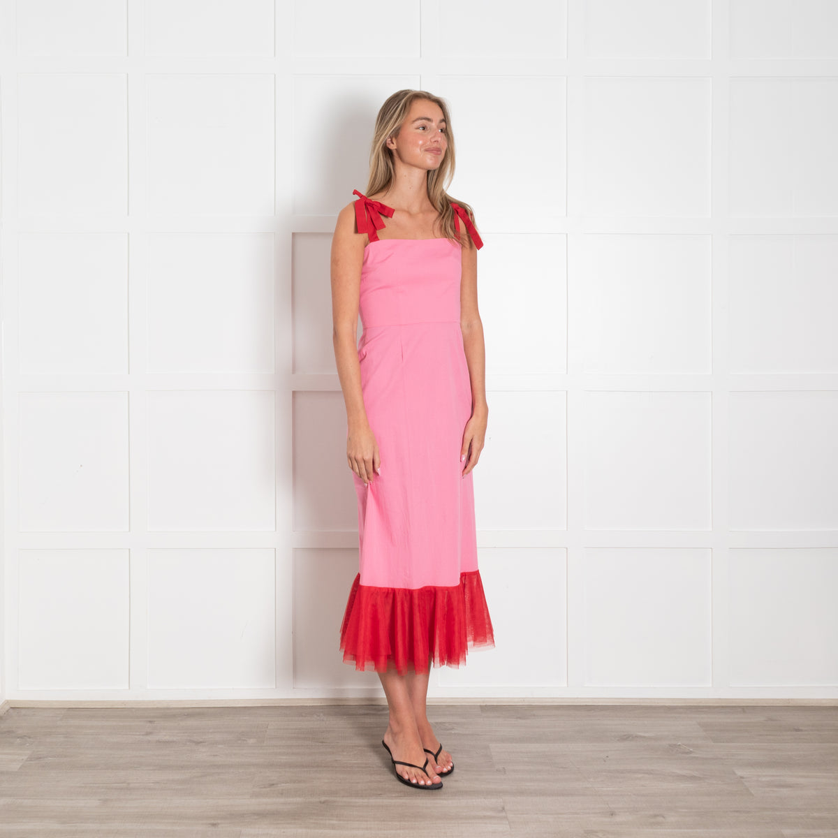 Staud Lagdon Pink with Red Tulle Hem Dress