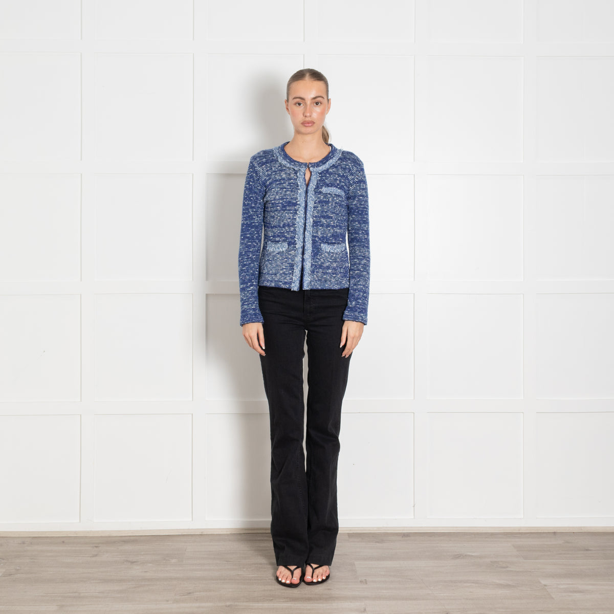 Brora Blue White Raw Edge Cardigan