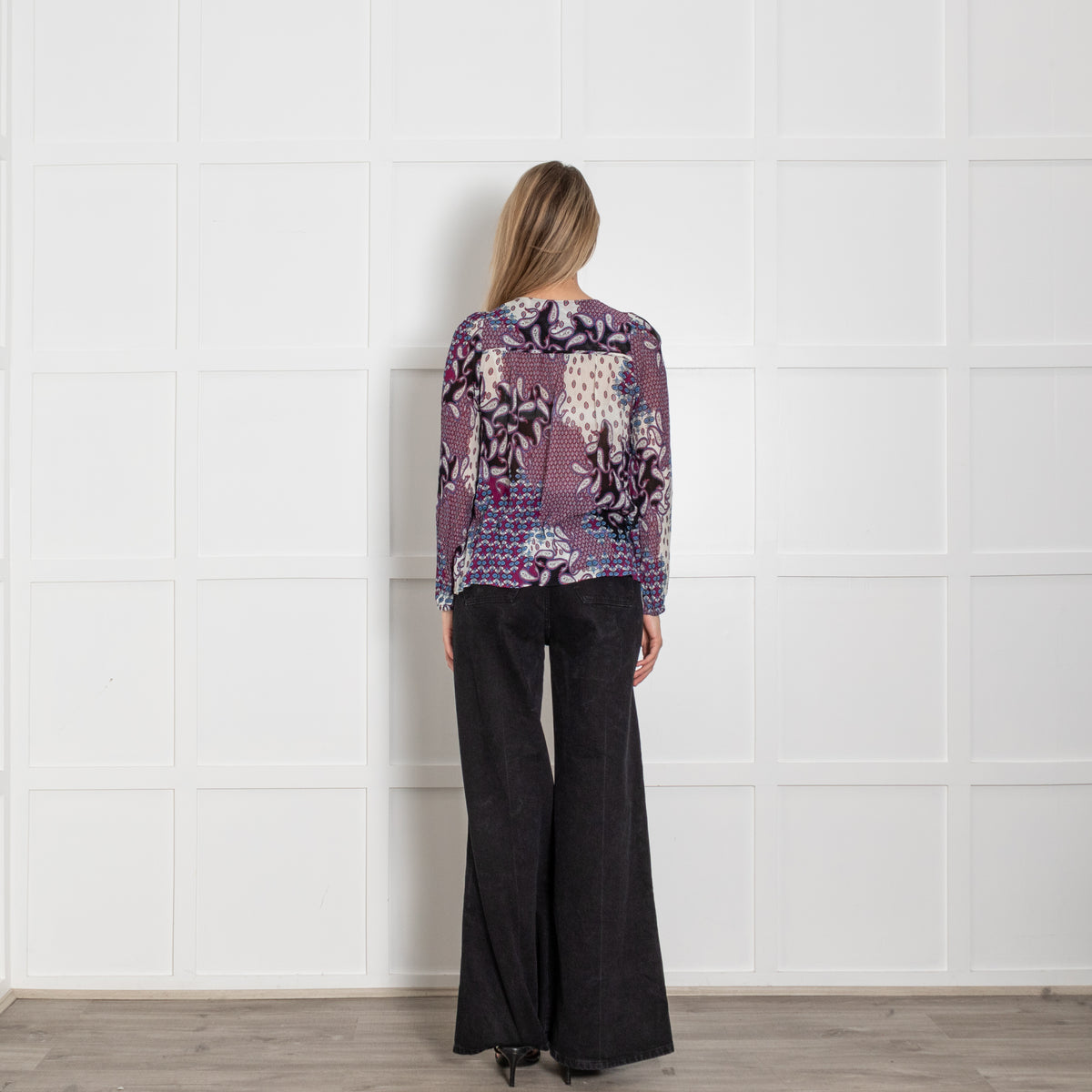 Ba&Sh Black Purple White Paisley Long Sleeve Top