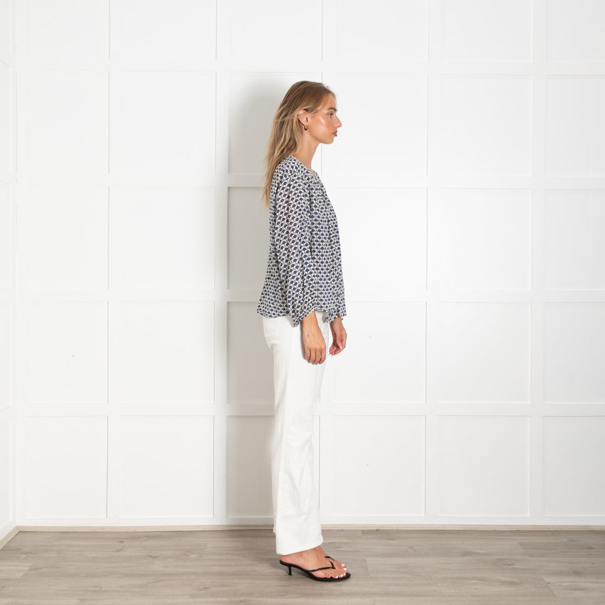 Velvet White Blue Floral Print Cotton Blouse