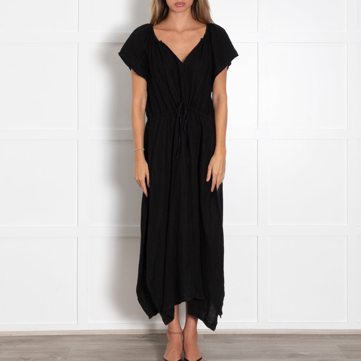 Velvet Black Cap Sleeve Linen Dress With Drawstring Waist