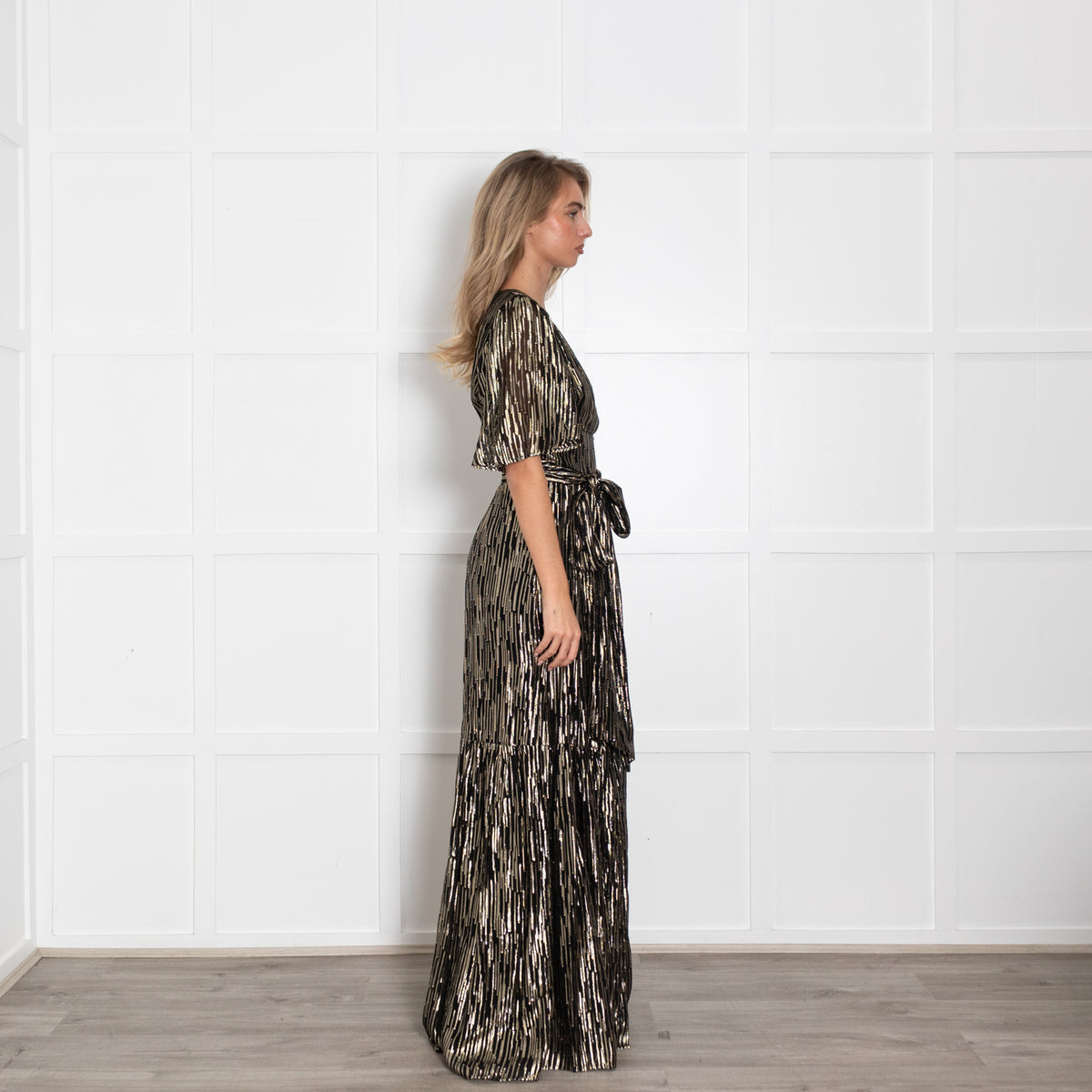 Ba&sh Black & Gold Sequin Belted Maxi Dress