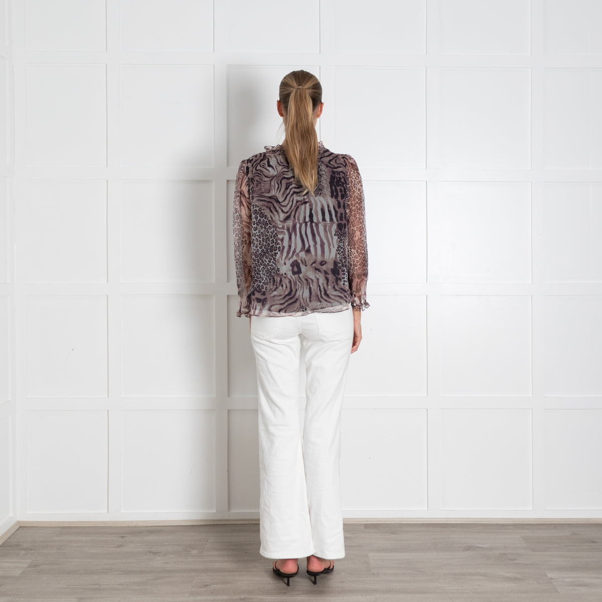 Ridley Purple Brown Animal Print Frill Trim Neckline Blouse