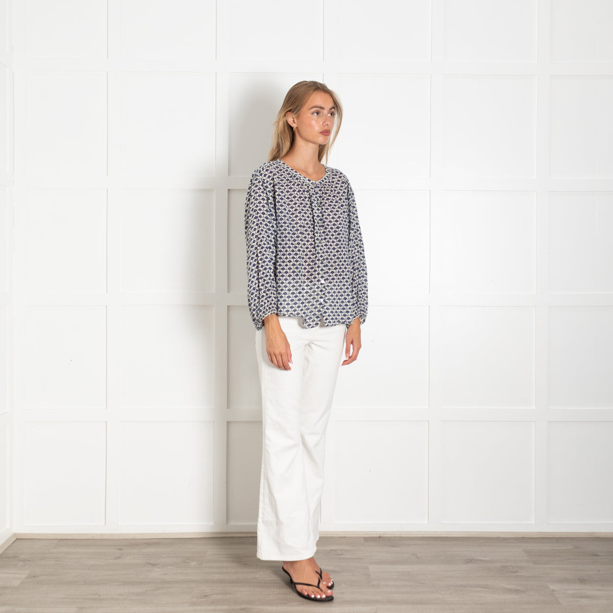 Velvet White Blue Floral Print Cotton Blouse
