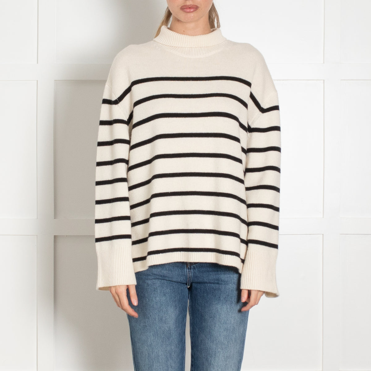Anine Bing Cream and Black Stripe Wool/Cashmere Funnel Neck Jumper