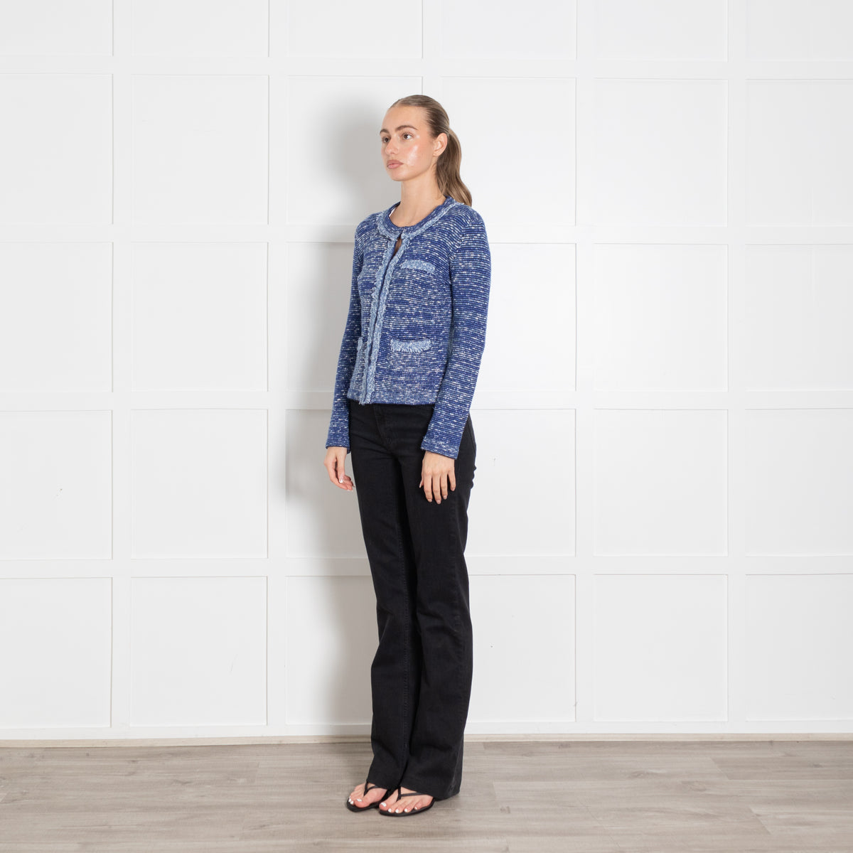 Brora Blue White Raw Edge Cardigan