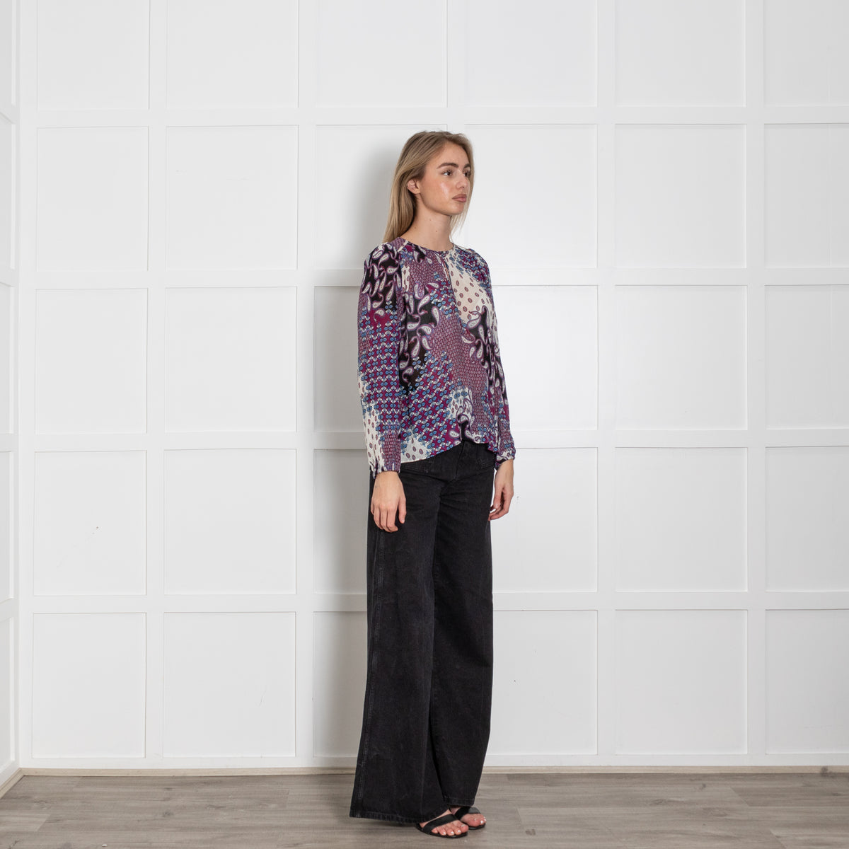 Ba&Sh Black Purple White Paisley Long Sleeve Top