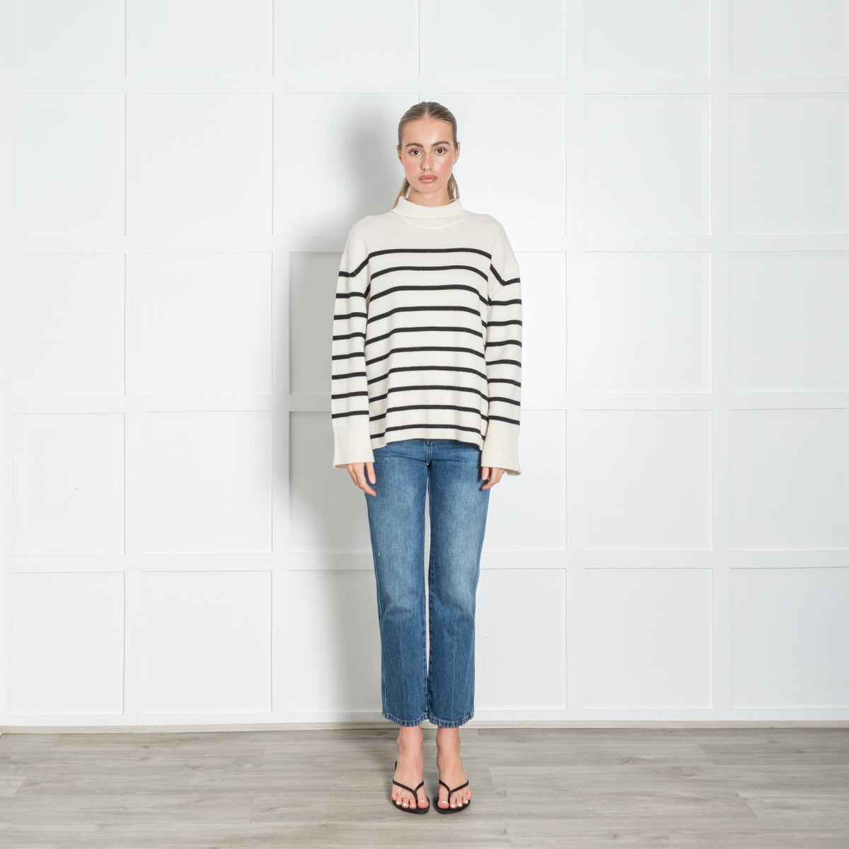 Anine Bing Cream and Black Stripe Wool/Cashmere Funnel Neck Jumper