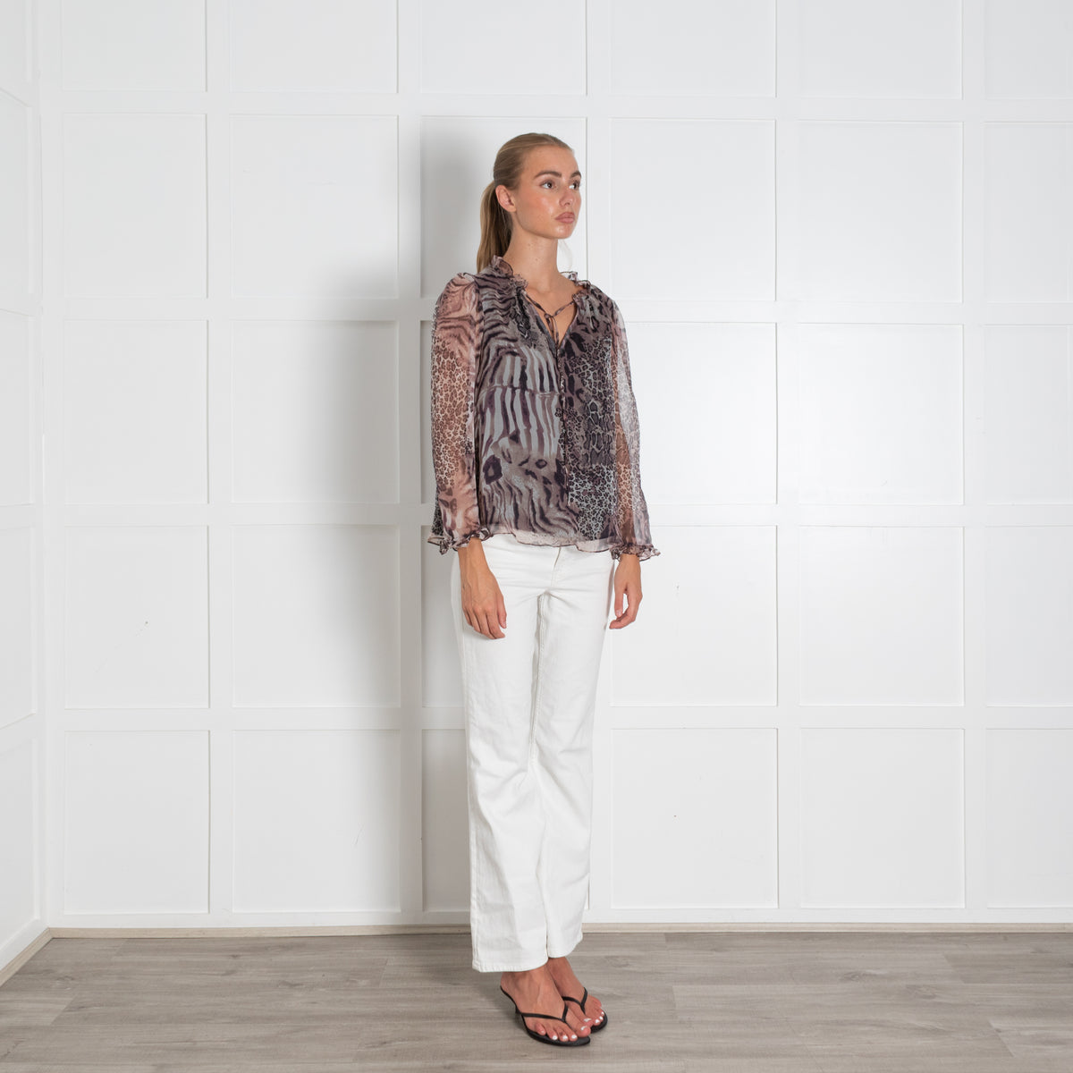 Ridley Purple Brown Animal Print Frill Trim Neckline Blouse