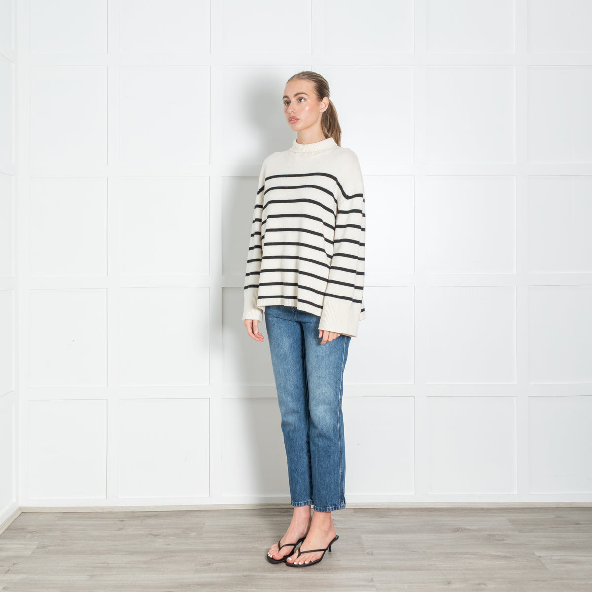 Anine Bing Cream and Black Stripe Wool/Cashmere Funnel Neck Jumper