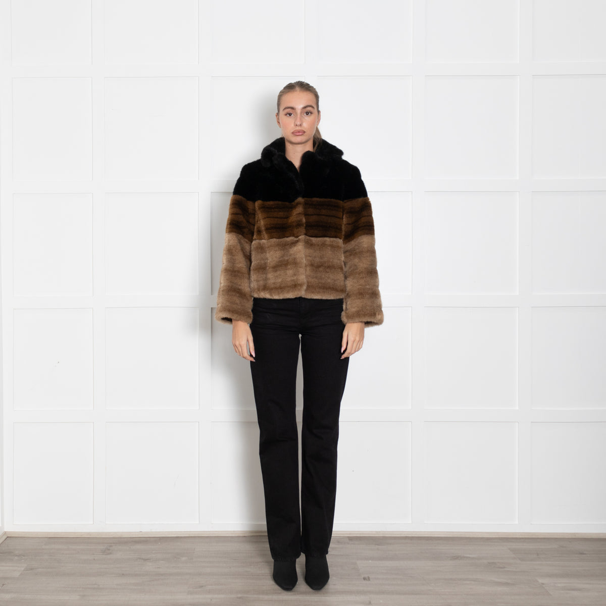 Maliparmi Black Dark Brown Light Brown Short Faux Fur Jacket