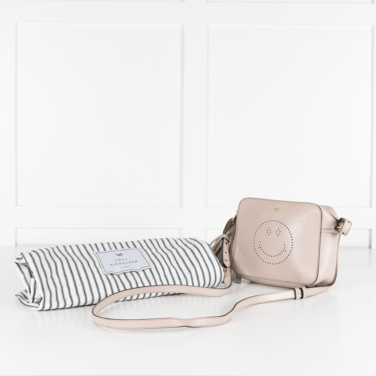 Anya Hindmarch Taupe Perforated Smiley Face Crossbody Bag