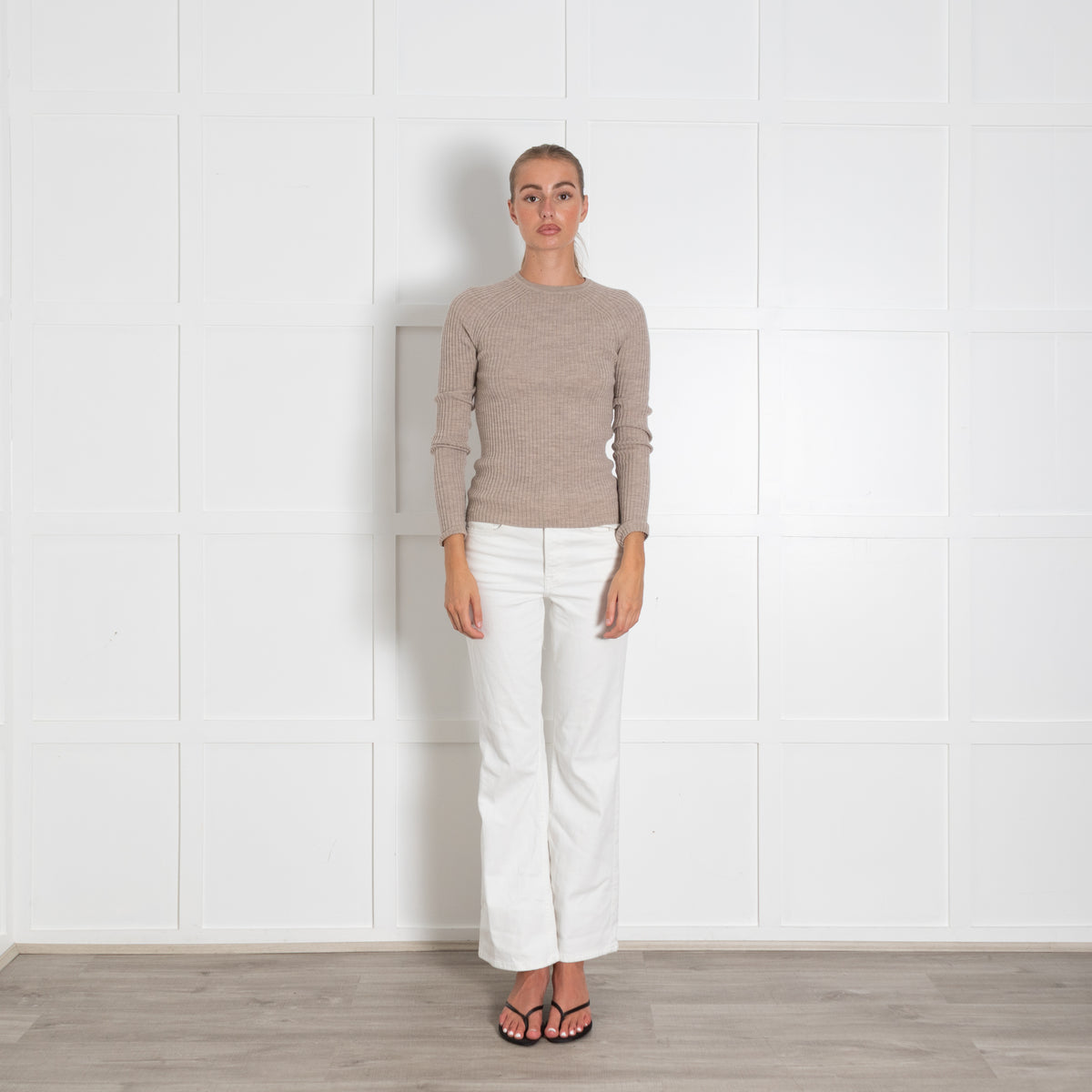 Toteme Beige Ribbed Fine Merino Wool Sweater