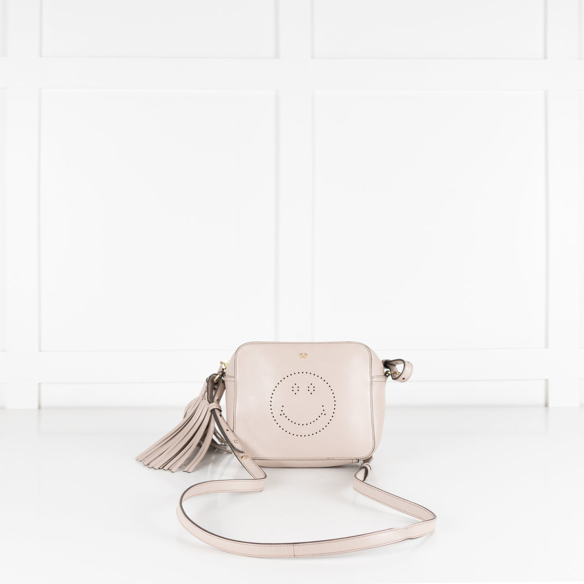 Anya Hindmarch Taupe Perforated Smiley Face Crossbody Bag