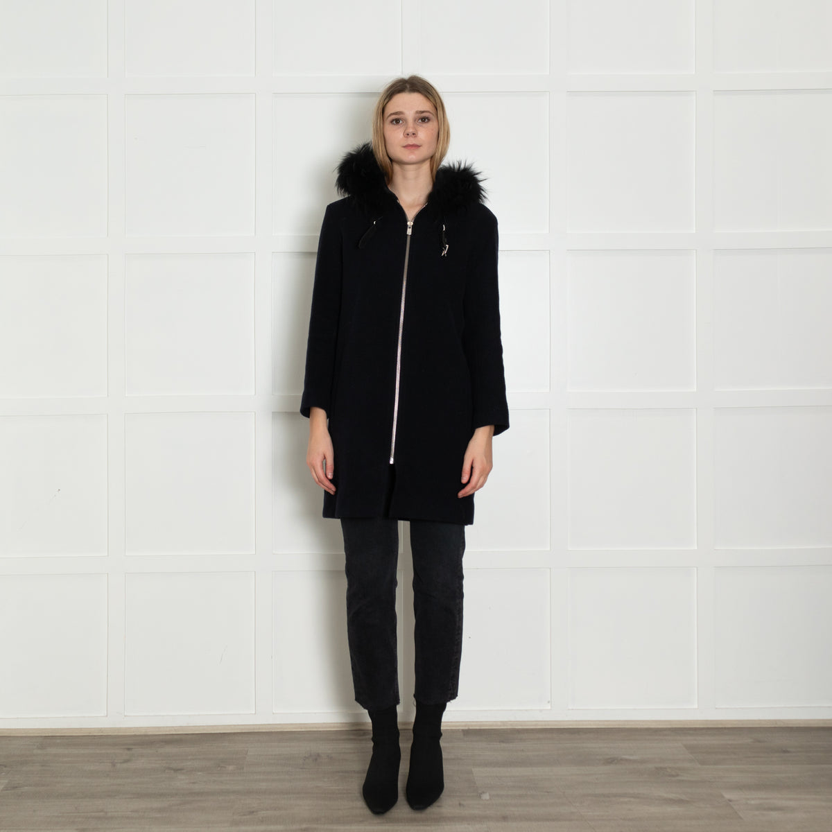 Maje Navy Coat with Fur Trim Hood