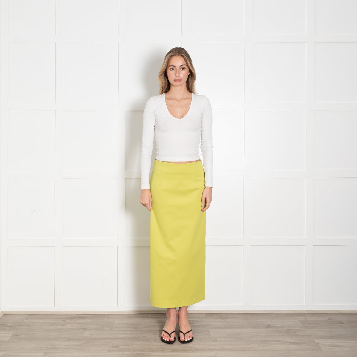 Tibi Neon Green Stretchy Pencil Midi Skirt