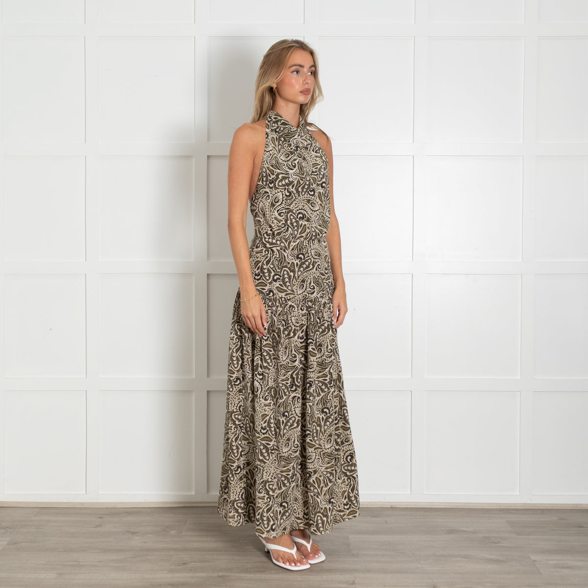 Matteau Green Paisley Print Bib Front Maxi Dress
