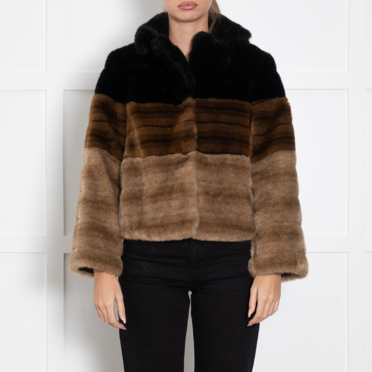Maliparmi Black Dark Brown Light Brown Short Faux Fur Jacket