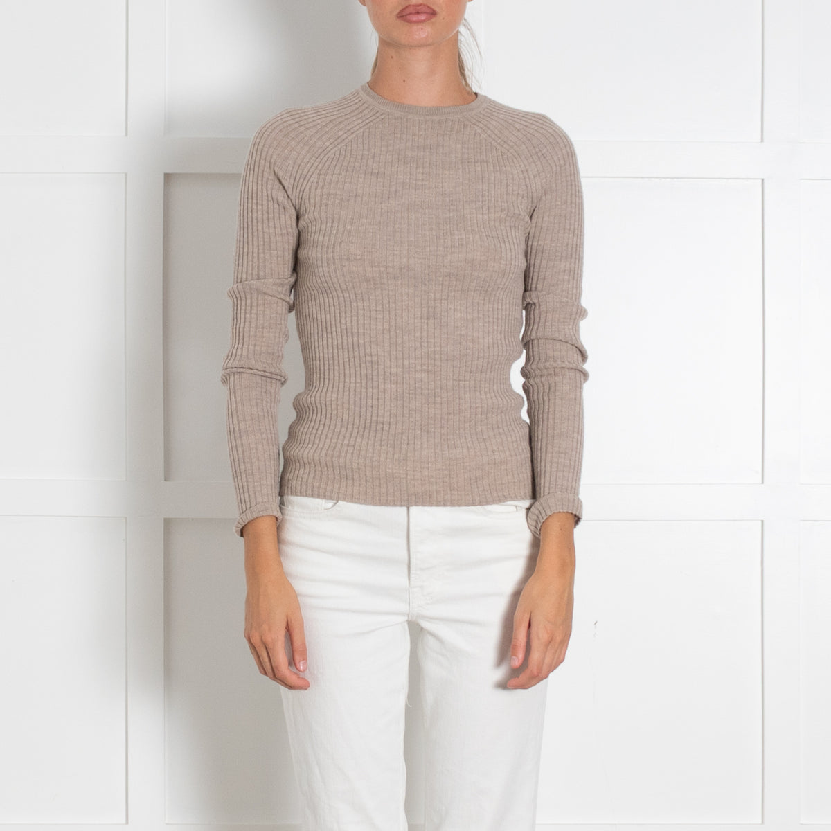 Toteme Beige Ribbed Fine Merino Wool Sweater