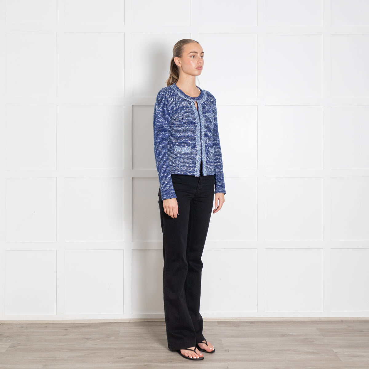 Brora Blue White Raw Edge Cardigan