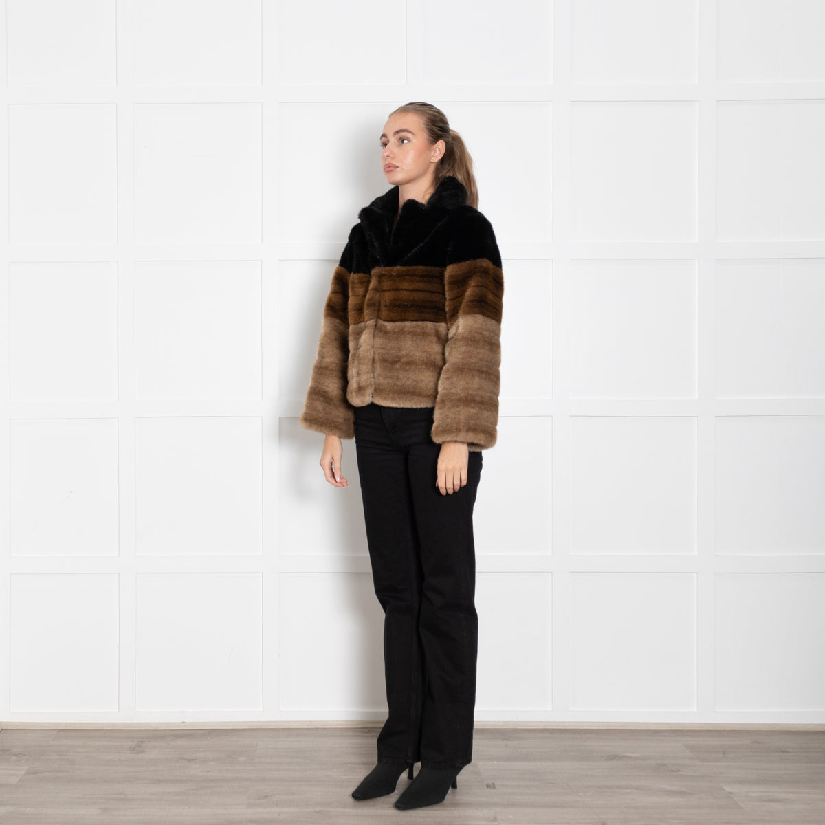 Maliparmi Black Dark Brown Light Brown Short Faux Fur Jacket