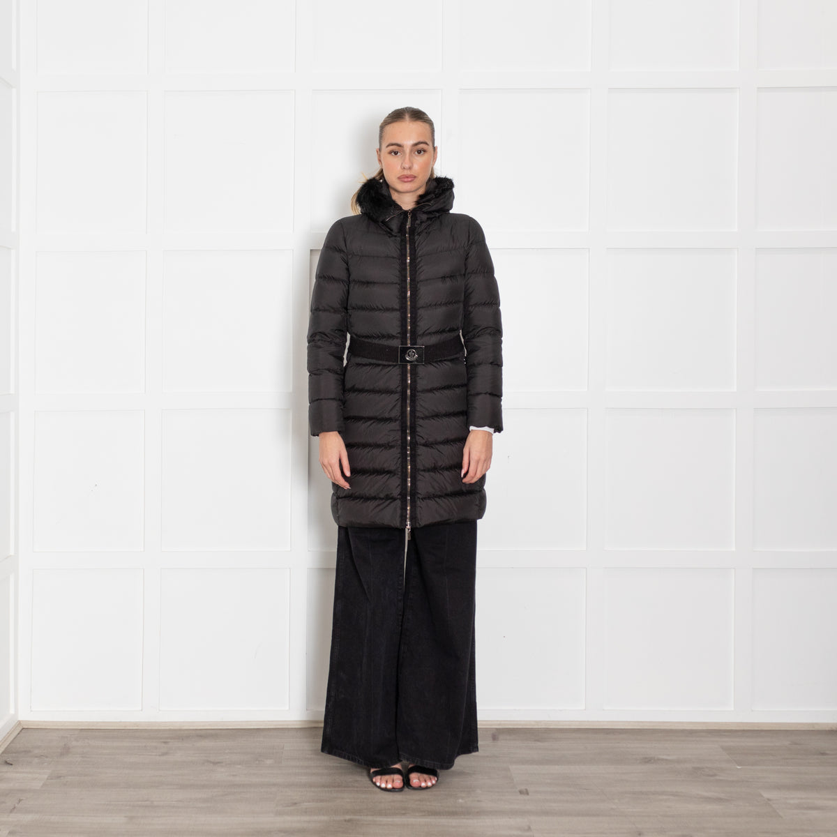 Moncler Black Puffer Fur Trim Hooded Coat