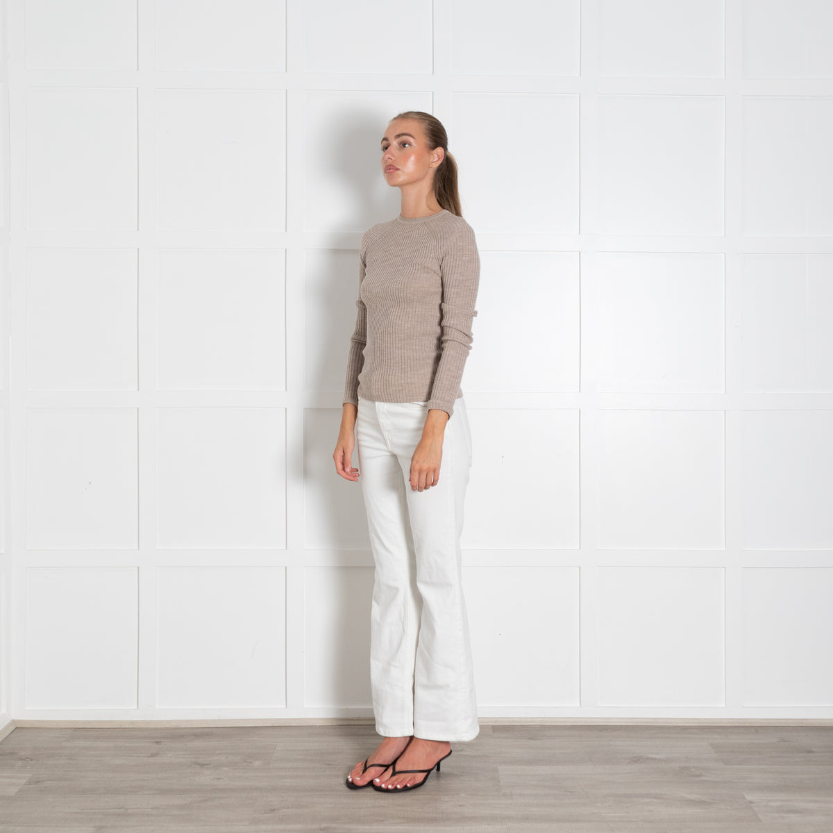 Toteme Beige Ribbed Fine Merino Wool Sweater
