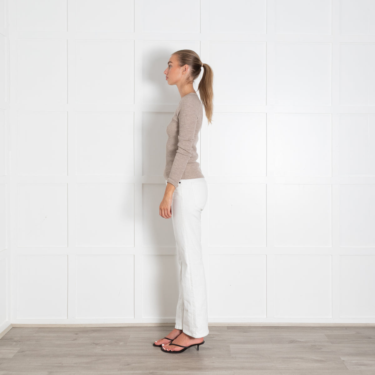 Toteme Beige Ribbed Fine Merino Wool Sweater