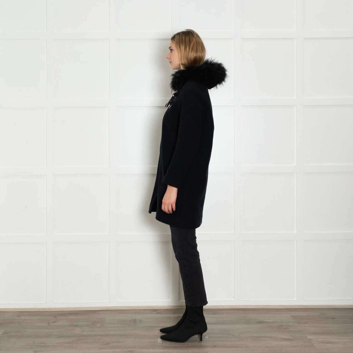 Maje Navy Coat with Fur Trim Hood