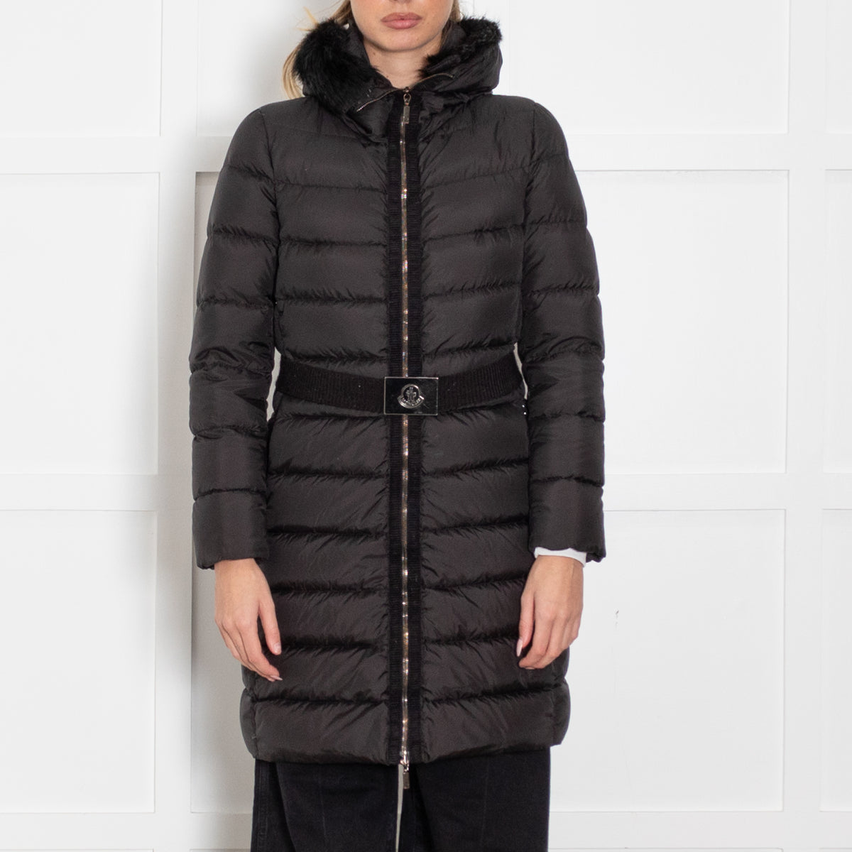 Moncler Black Puffer Fur Trim Hooded Coat