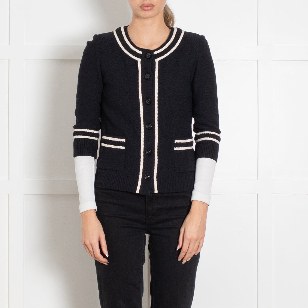 St John Navy Blue Cream Trim Cardigan