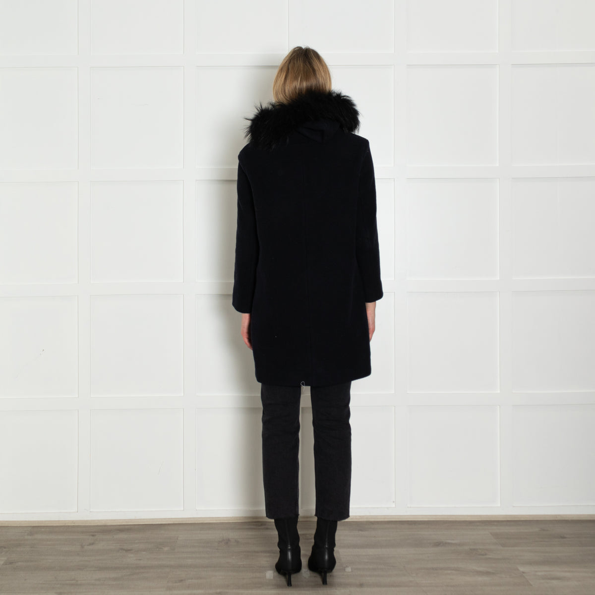 Maje Navy Coat with Fur Trim Hood