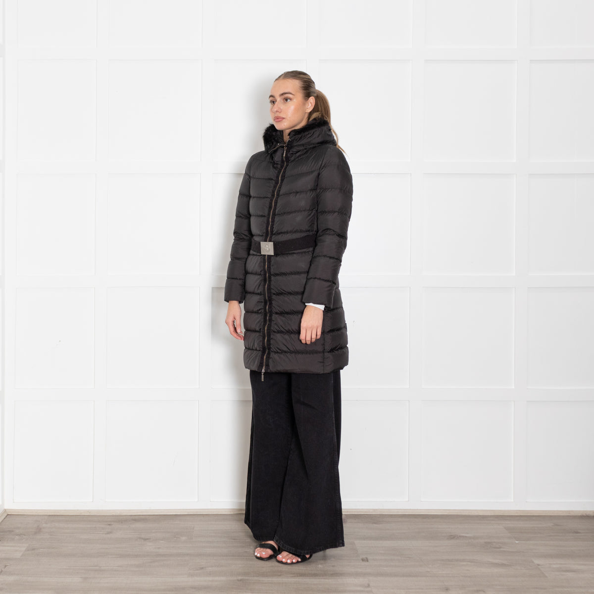 Moncler Black Puffer Fur Trim Hooded Coat