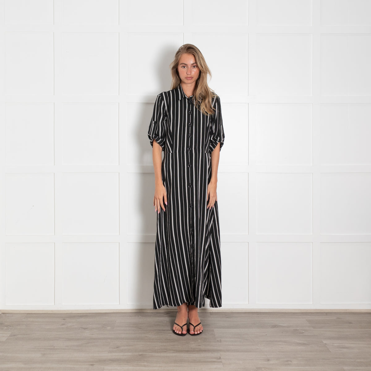 Riani Black Striped Short Sleeve Maxi Shirt Dress