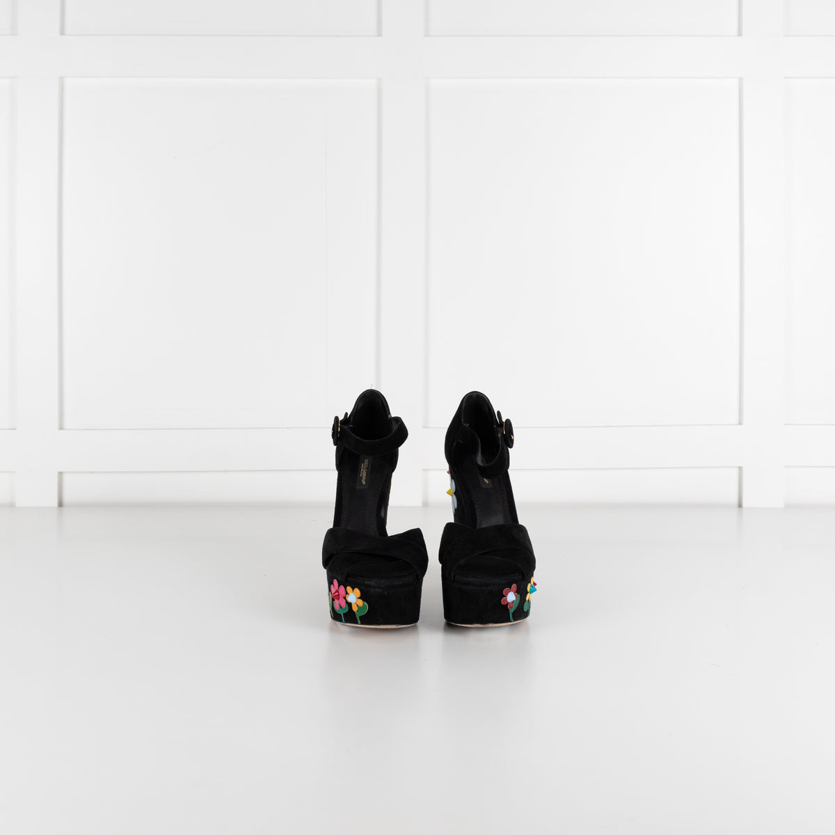 Dolce & Gabbana Black Suede Floral Embellished Wedge Sandals
