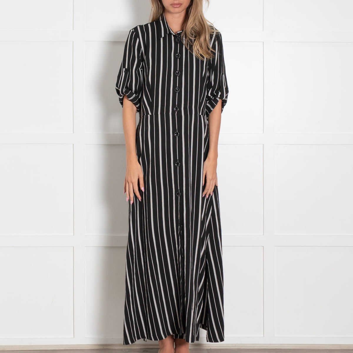 Riani Black Striped Short Sleeve Maxi Shirt Dress