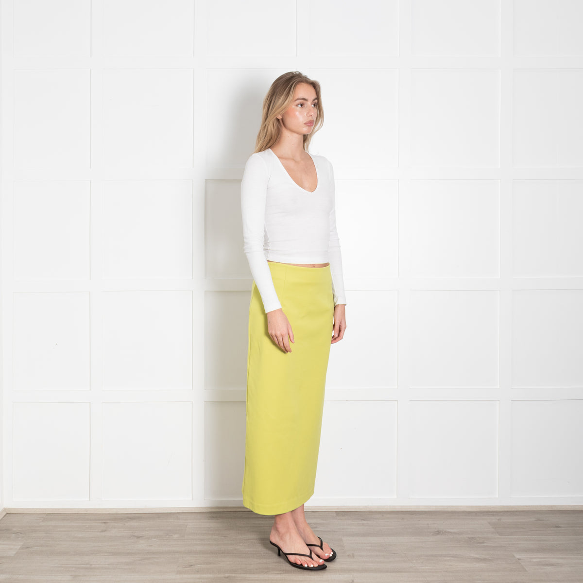 Tibi Neon Green Stretchy Pencil Midi Skirt