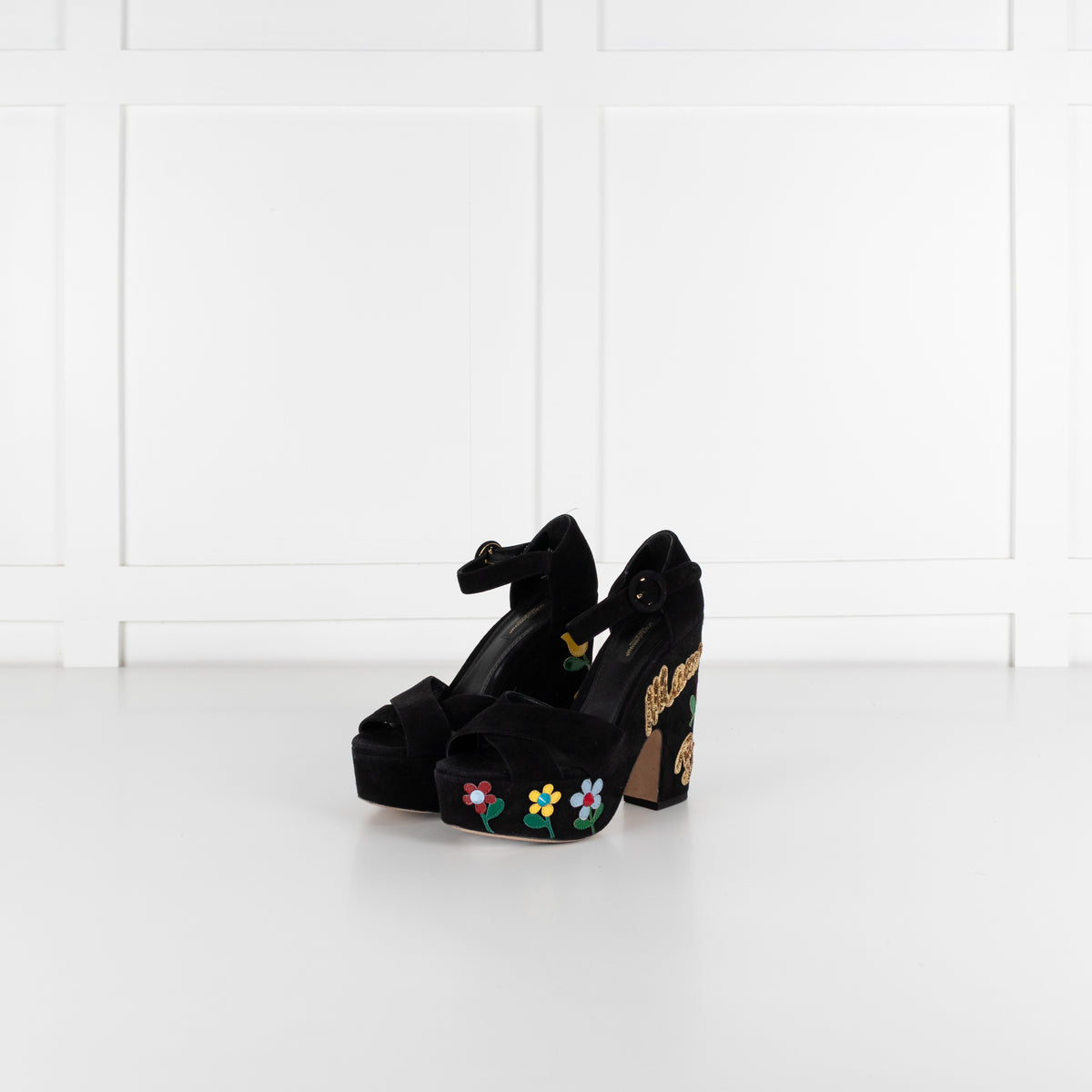 Dolce & Gabbana Black Suede Floral Embellished Wedge Sandals