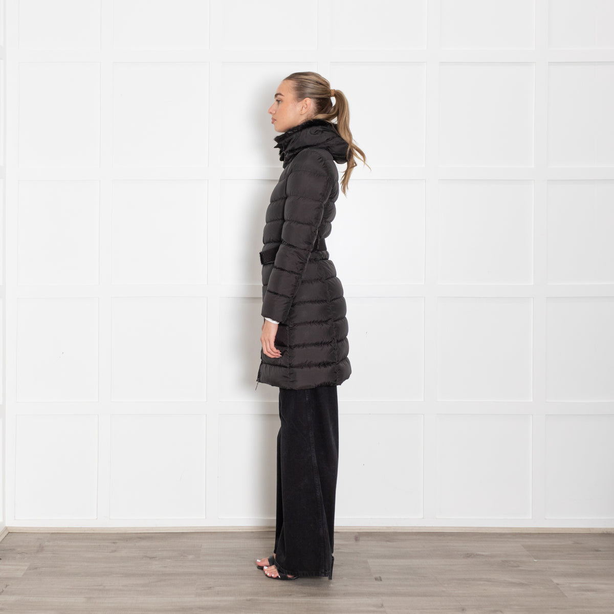 Moncler Black Puffer Fur Trim Hooded Coat