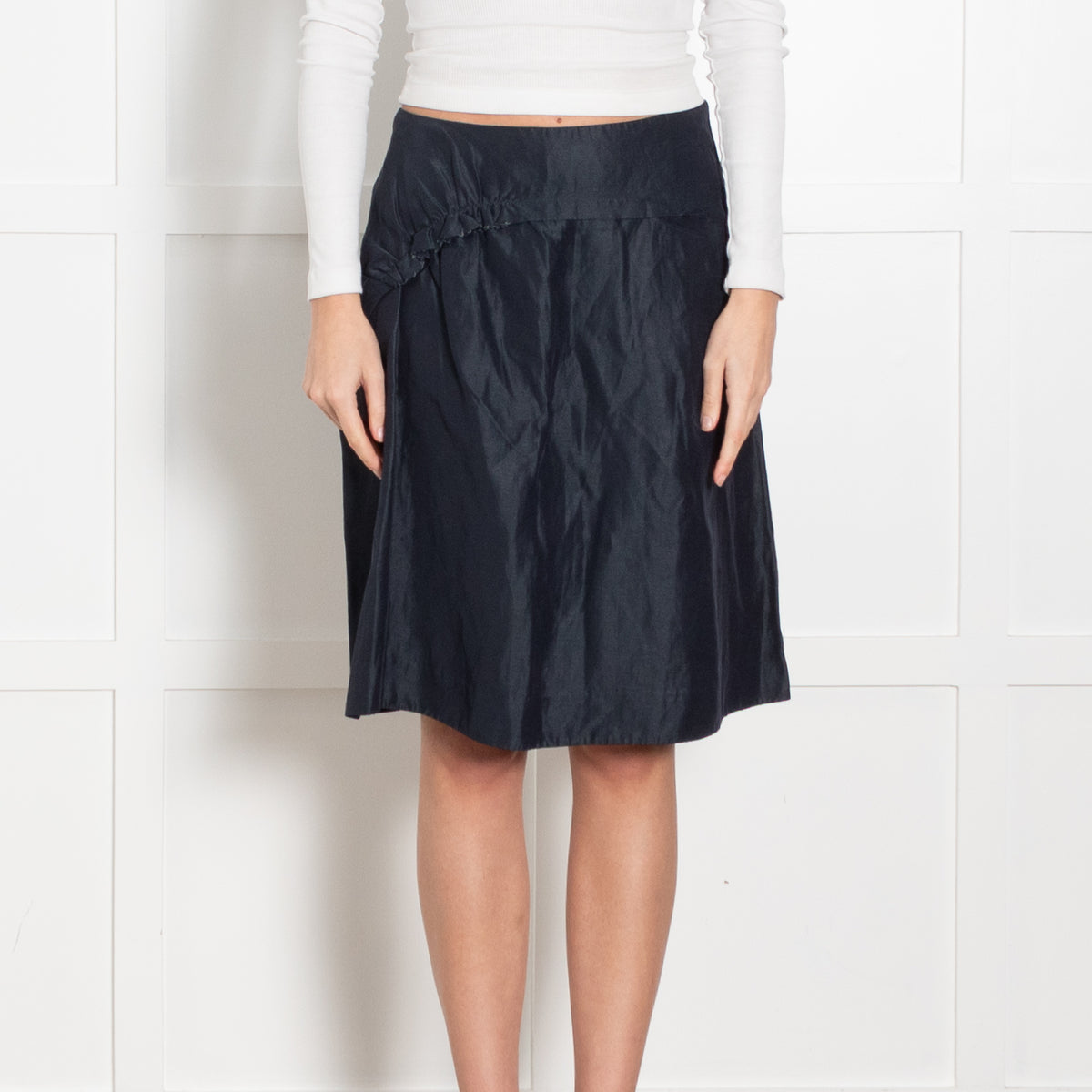 Marni Navy Blue Ruched Detail Linen Blend Skirt