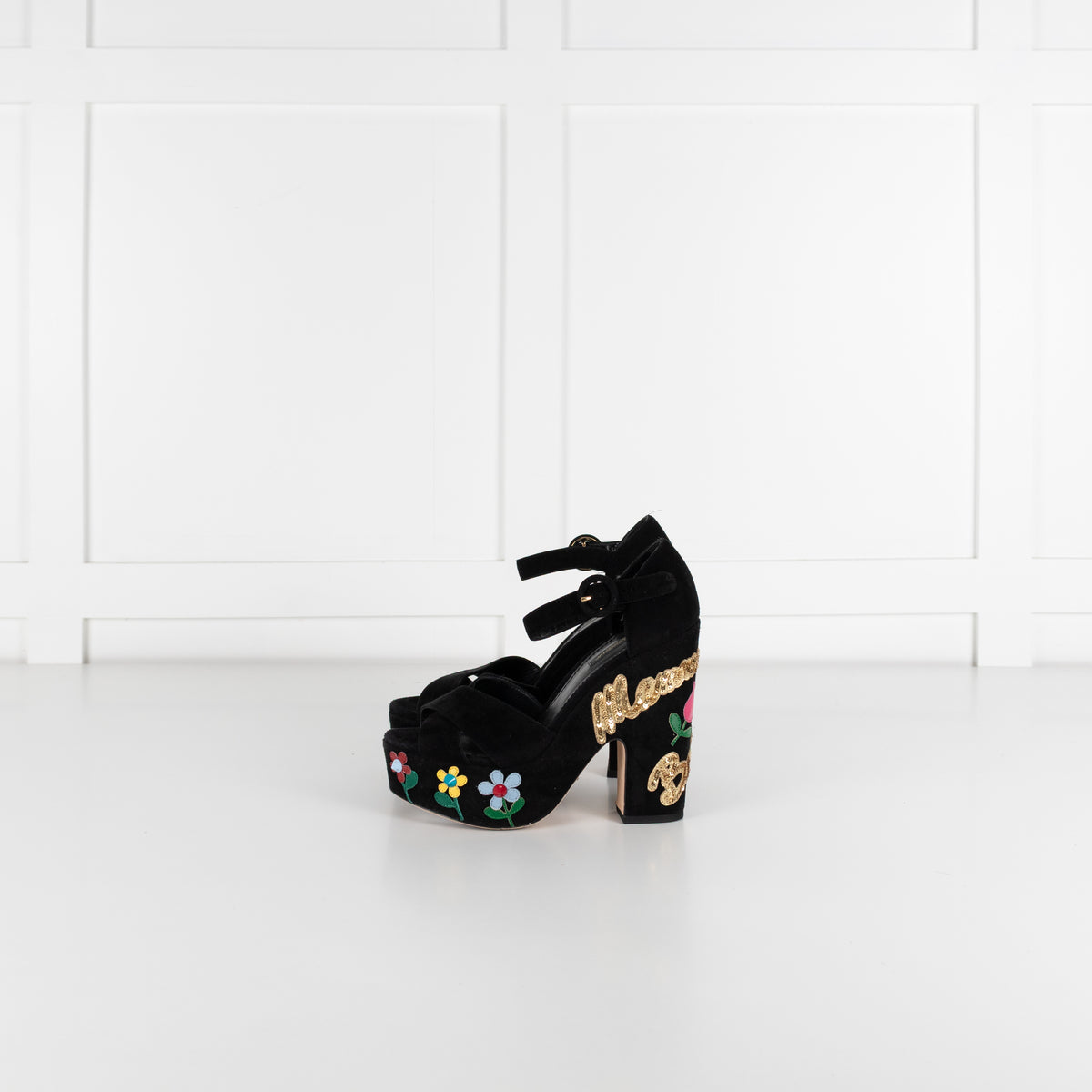 Dolce & Gabbana Black Suede Floral Embellished Wedge Sandals